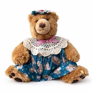 GUND Brown Teddy Bear Plush Girl Blue Dress Sort Sitting Stuffed Animal